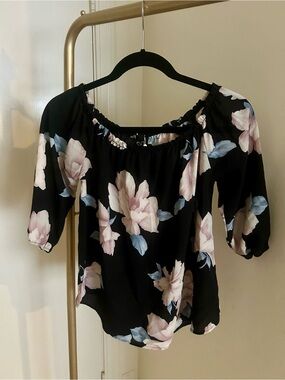 Windsor Black Floral Off Shoulder Peasant Blouse Romantic Cottagecore Top Size M